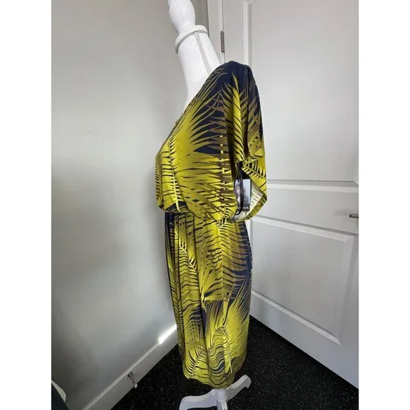 Valerie Bertinelli Womens Leaf Print Dress NWT Size 4 Green & Black Stretchy Wai - Picture 5 of 15